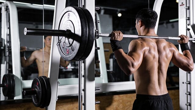 Muscular Asian man performing barbell squats in a gym, focusing on strength training and fitness