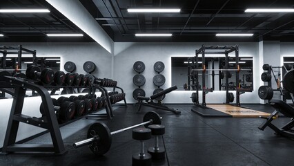 Fototapeta premium Modern Empty Gym Interior with Black and White Design, Weights, Dumbbells, and Fitness Equipment