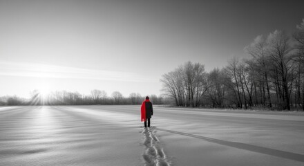 Lone Figure Walks Across Snowy Landscape in Black and White.