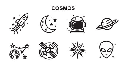 Space Exploration Icons Set: Rocket Moon Astronaut Planet Earth Satellite Starburst Alien © Rakib