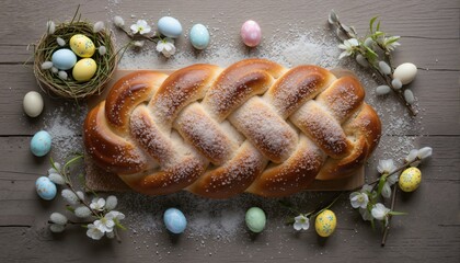 Easter plait, coarse sugar and Easter eggs, from above
