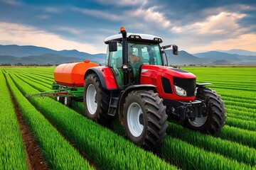 Fototapeta premium Tractor spraying crops on green farmland with modern sprayer equipment at sunset