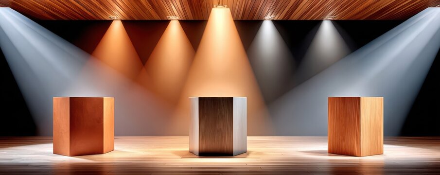 Three wooden podiums on a stage under dramatic spotlights for presentation or award display