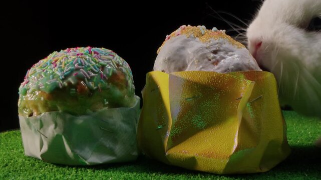 Closeup dessert scene white rabbit sniffing sprinkled cupcakes with glossy frosting and colorful sprinkles on green surface