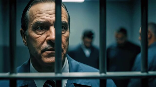 Middleaged white man behind bars, closeup portrait of remorseful inmate with stern guards blurred in background, lowkey cinematic lighting, tense atmosphere, weathered face, formal shirt and tie,