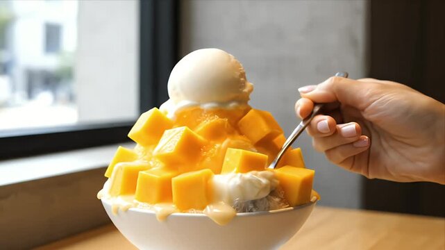 Close up of a delicious fresh mango shaved ice dessert with a scoop of vanilla ice cream topped with sweet mango cubes a hand with a spoon takes a bite a perfect summer treat