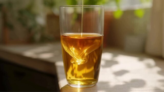 A cup of tea sits on the windowsill, in front of fresh green leaves, while thin drops of honey drip down in a swirling pattern that slowly mixes into the tea.