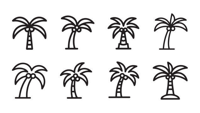 Set of eight stylized palm tree icons with coconuts simple line art isolated on white background stock illustration