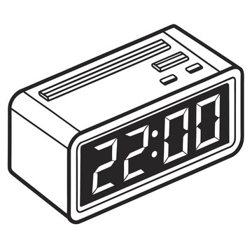 Digital alarm clock showing time 22:00, isometric view, black and white line art