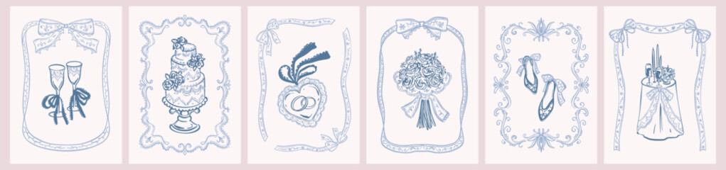 Set of blue hand drawn crayon doodle wedding invitations, greeting cards, posters. Celebration dinner table. Crochet whimsical lace coquettish frames with ribbon bows, wedding birthday cake, champagne © Kseniia