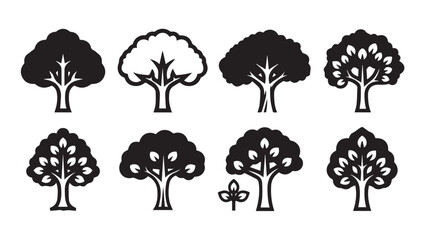 Collection of stylized tree icons with varied leaf patterns and trunk designs