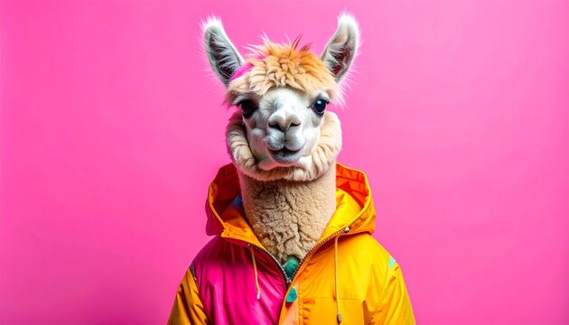 A vibrant llama wearing a yellow and pink jacket stands against a bright pink background