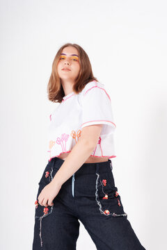 Modern outfit with playful graphic elements