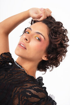 Contemporary fashion portrait in minimalist studio