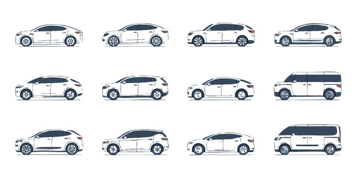 Modern electric car silhouettes with subtle shading showcasing various body types isolated on white