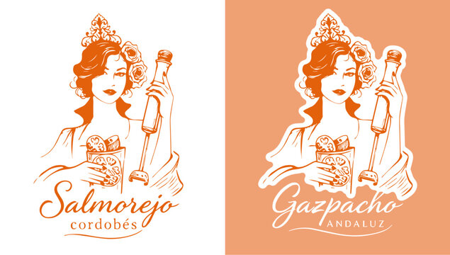 Woman holding a blender and bowl of Spanish cold soup. Retro line art design for salmorejo and gazpacho concepts.