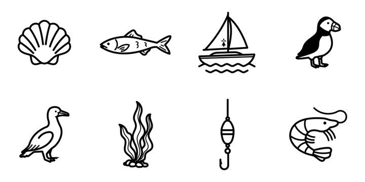 Ensemble de pictogrammes marins bretons en dessin au trait noir et blanc : coquille Saint-Jacques, poisson, voilier, macareux, cormoran, algue, flotteur de p&ecirc;che et crevette. Illustration vectorielle