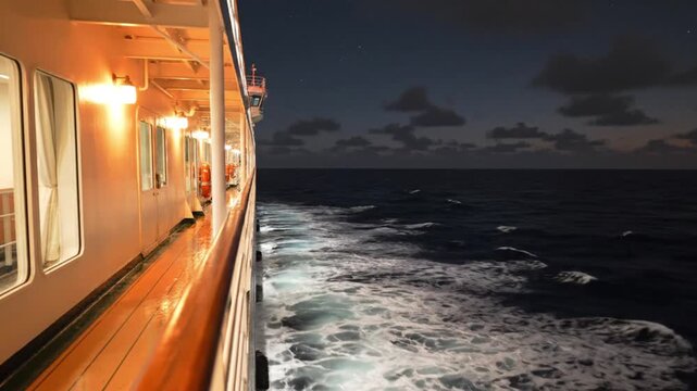 This tranquil night scene captures the serene journey of a large vessel moving across the dark ocean waters. Warm exterior lights illuminate the ship's deck and windows, creating a welcoming contrast 