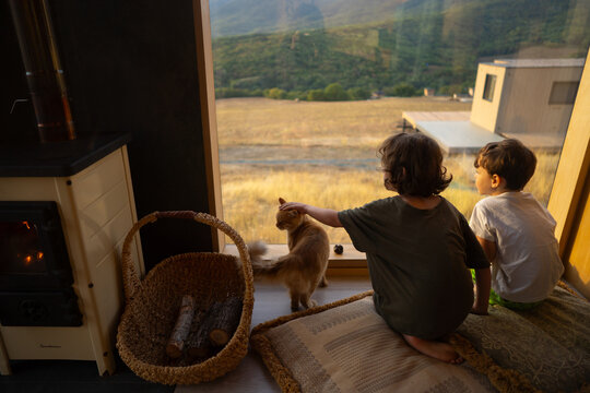Siblings with cat by warm fireplace