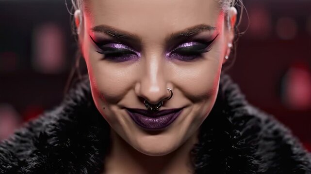 Seductive woman with purple makeup and piercing displaying a wicked smile, embodying a powerful femme fatale character with a sinister and mysterious expression