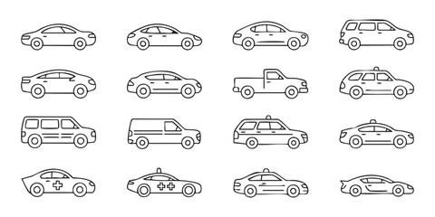 Collection of various car types in line art style including sedans, SUVs, and specialized vehicles © Mohammad