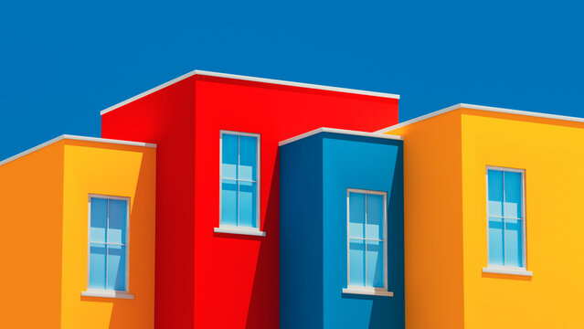 Colorful houses with bright windows under a blue sky