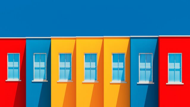 Colorful houses stand under bright blue sky in vibrant setting