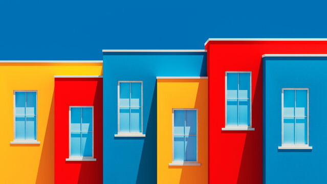 Colorful houses with windows under bright blue sky