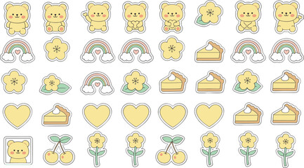 Fototapeta premium Hand drawn stationery collection with adorable teddy bears floral elements and cherry icons in simple minimal outline stroke design