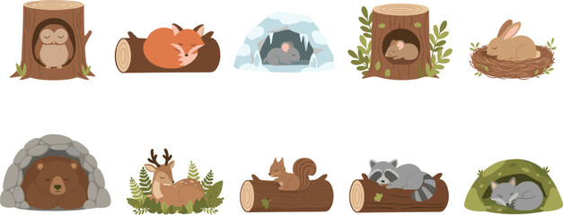 Fototapeta premium Minimal hand-drawn vector illustration set of animals sleeping in natural habitats including caves, logs, nests, and grassy dens in clean line art style