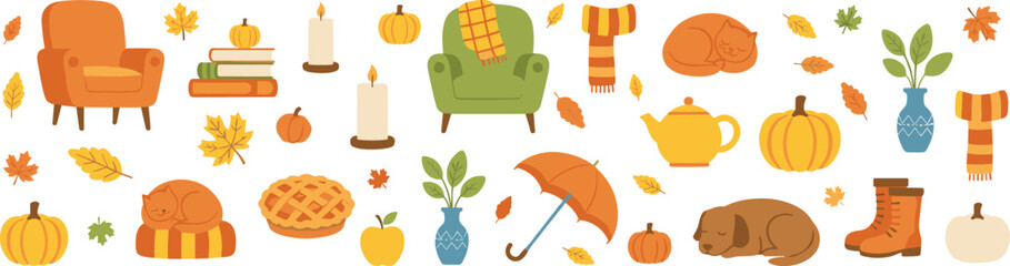 Fototapeta na wymiar Minimalist autumn hygge vector set featuring cozy armchairs sleeping pets pumpkins and falling leaves in clean line art