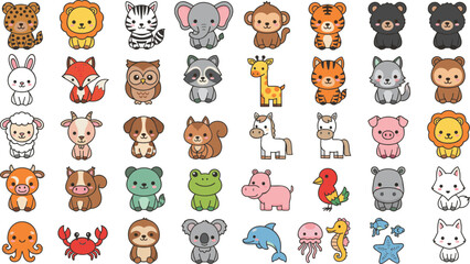 Minimalist kawaii animal vector set featuring diverse safari woodland farm and sea creatures in clean line art style © Creative design