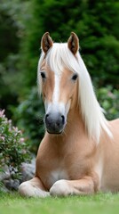 Fototapeta premium Gentle haflinger horse resting on lush green grass in serene garden setting