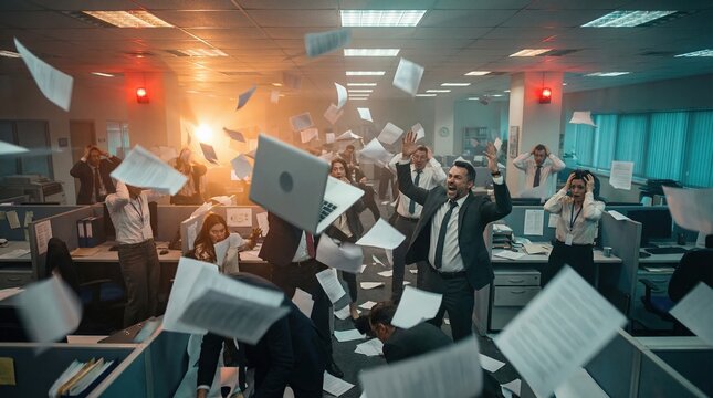 A chaotic office scene with panicked employees, flying documents, and a falling laptop. Evokes extreme workplace stress, emergency, and frustration, perfect for illustrating business breakdown.