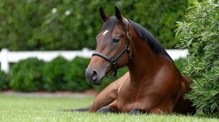 Obraz premium Elegant brown horse resting on lush green grass
