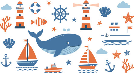 Minimalist nautical vector set featuring blue whales sailboats lighthouses and anchors in clean flat design style © Creative design