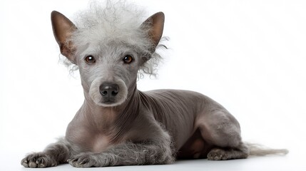 Hairless dog with curly hair and pointy ears on white background