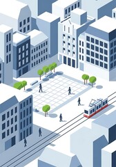 Isometric cityscape illustration featuring a plaza and a vibrant tram