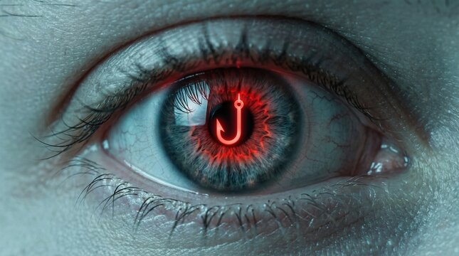 Close-up of an eye with a glowing red fishing hook in the iris. Represents digital deception, phishing, internet security threats, or the concept of rage bait. Ideal for cybersecurity warnings.