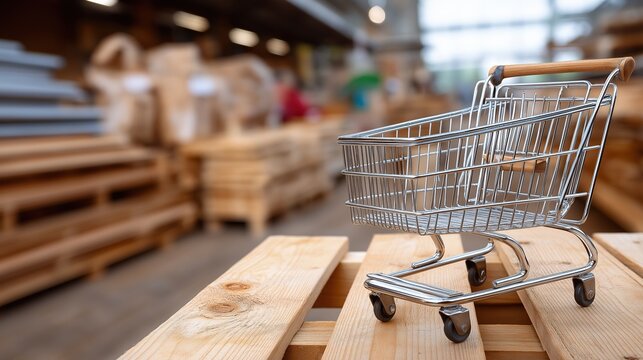 Miniature shopping cart on wooden planks in hardware store environment