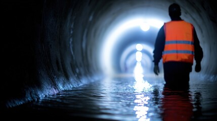 Fototapeta premium Silhouetted worker in orange vest walking through illuminated underground tunnel
