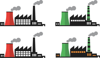 Fototapeta premium Minimalist vector set featuring industrial factory silhouettes with cooling towers chimneys and smoke in flat design