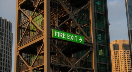 Emergency Evacuation Route Indicated With Bright Green Fire Exit Sign During Daytime
