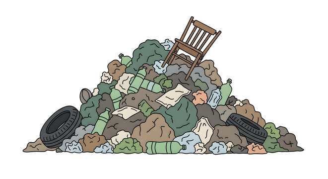 Illegal roadside garbage pile with mixed trash and discarded chair  