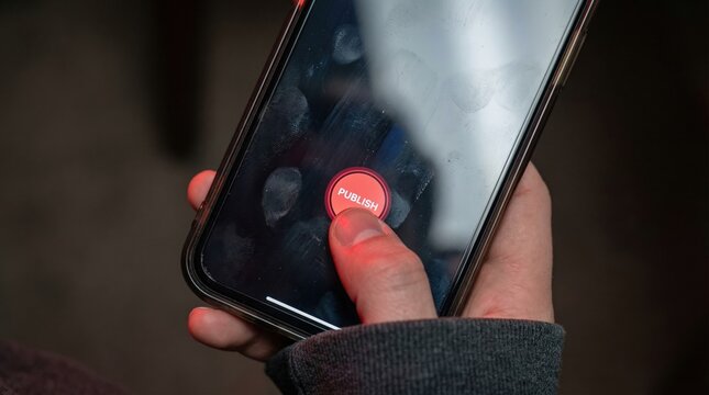 A finger presses a glowing red 'PUBLISH' button on a fingerprint-smudged smartphone screen. This represents sharing provocative content online for digital engagement and viral potential.