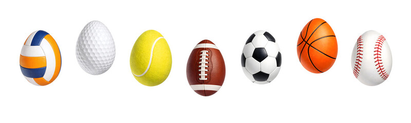 Collection of sports balls in Easter egg shape isolated on transparent background.