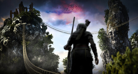 Spectacular rope bridge crossing a canyon, 3D illustration © Mikael Damkier