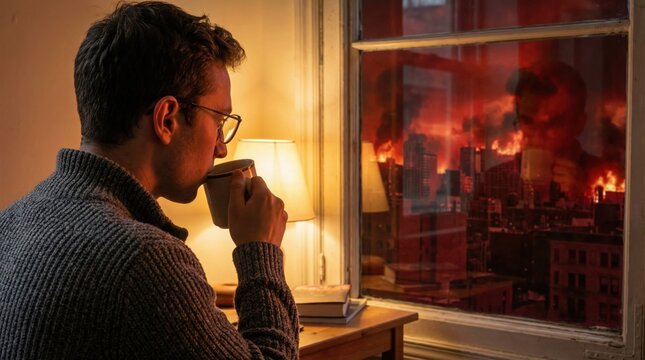 Man calmly sips coffee by a window while a city burns outside. This stark juxtaposition evokes indifference or doom, a provocative image for social commentary or conceptual media.