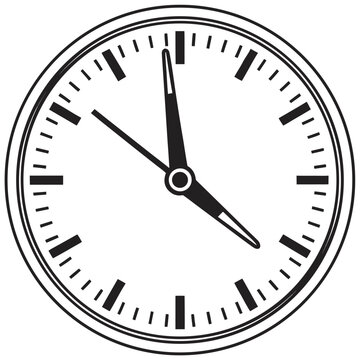 Black and white clock face icon showing five o clock time with hour and minute hands in minimalist style isolated on white background for design