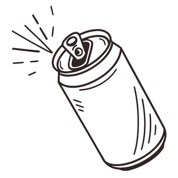 Hand drawn aluminum soda can illustration with pop tab open and carbonated spray effect in black and white doodle style for beverage drink design